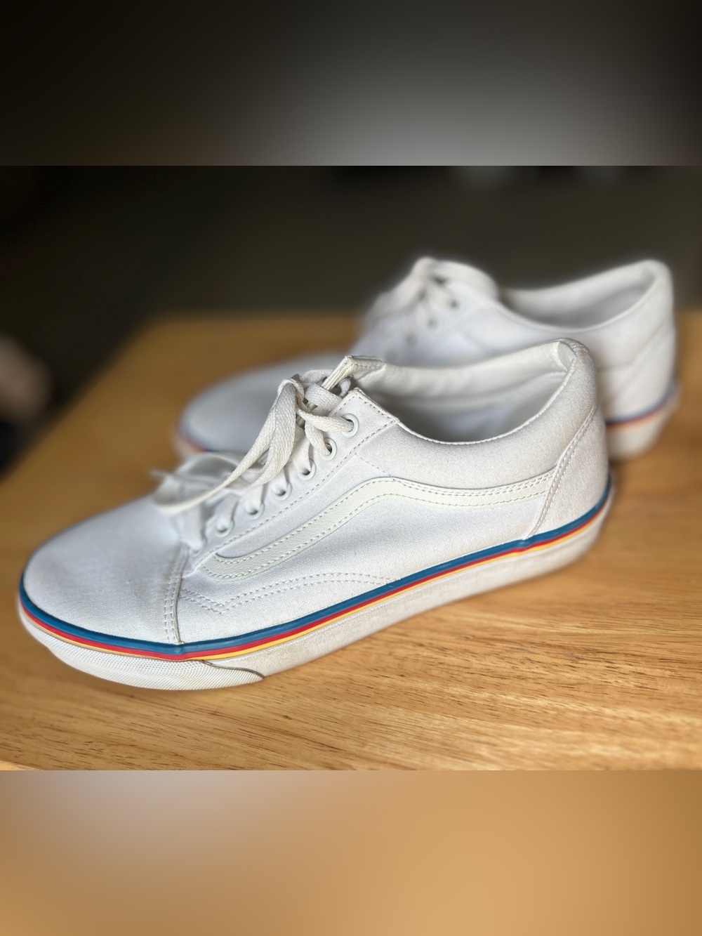 Vans Old Skool White Canvas Rainbow Stripe M9.5/W11 Like New - Picture 3 of 6